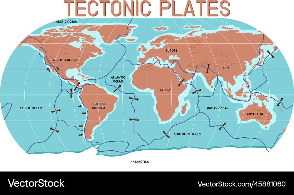 Map of tectonic plates and boundaries vector image
