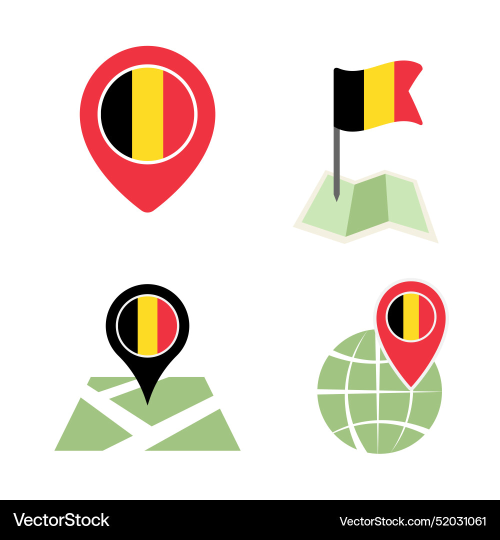 Belgium map pointer icons set belgian flag symbol Belgium map pointer icons set belgian flag symbol vector image