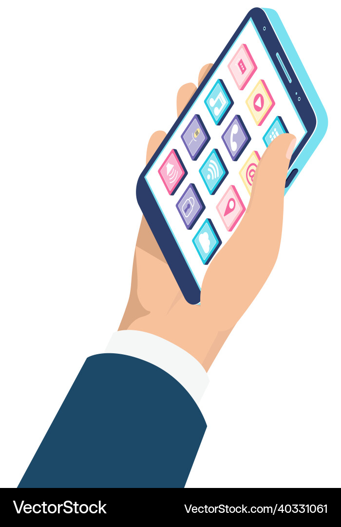 Man holding smartphone with mobile applications Man holding smartphone with mobile applications Vector Image