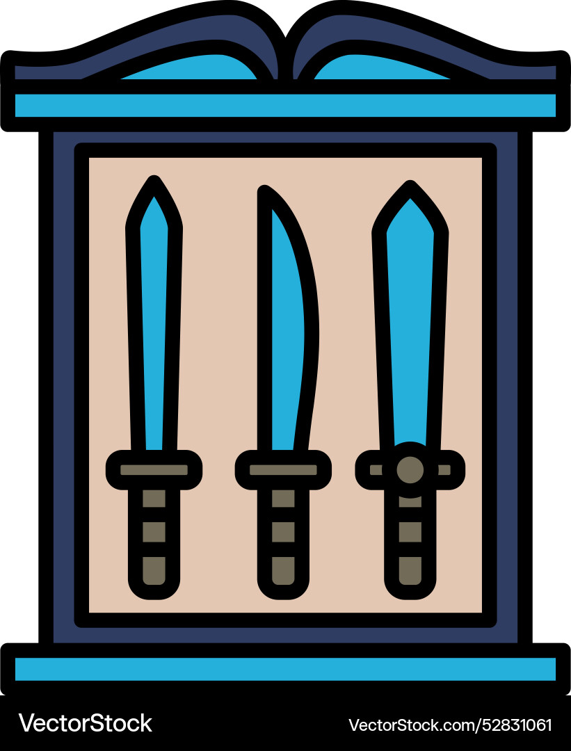 Three swords are displayed in a case Vector Image