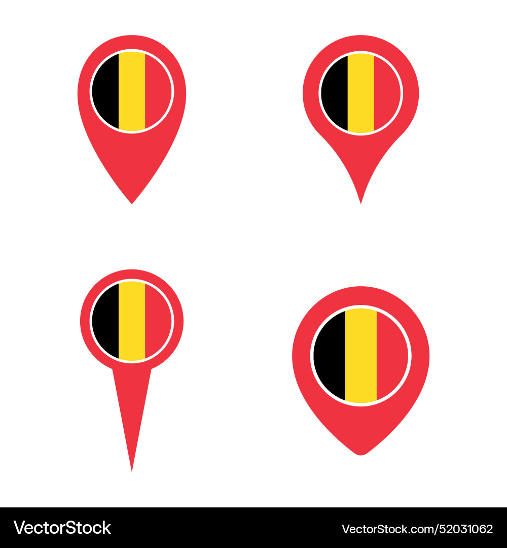 Belgium map pointer icons set belgian flag symbol Belgium map pointer icons set belgian flag symbol vector image