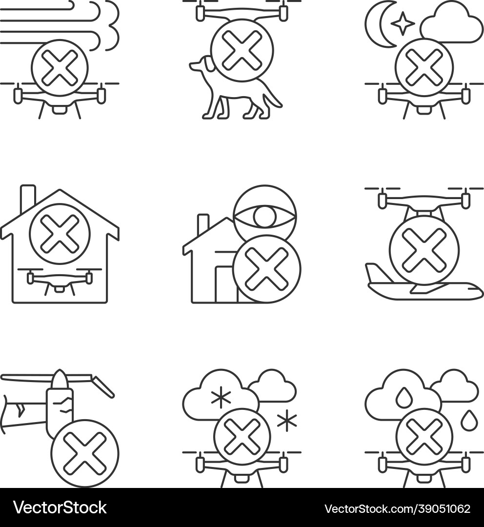 Drone restrictions linear manual label icons set Drone restrictions linear manual label icons set vector image