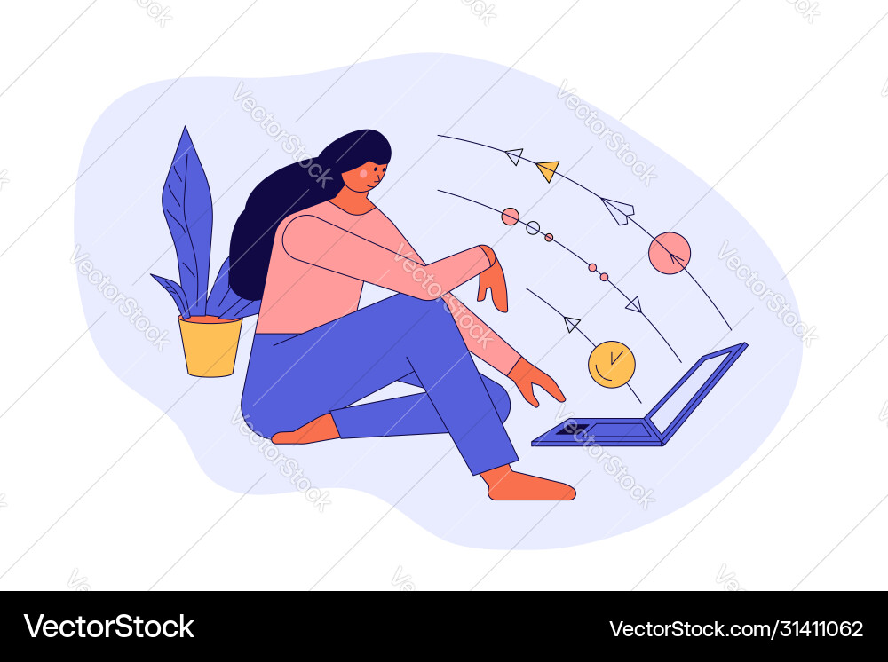 Junge Frau oder Mädchen sitzen und arbeiten an Laptop Junge Frau oder Mädchen sitzen und arbeiten an Laptop vektorbild