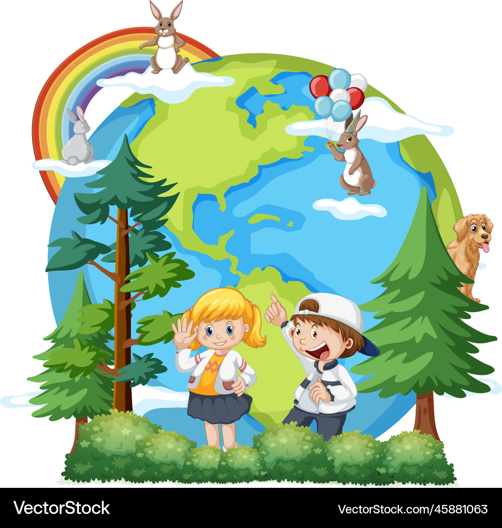 Earth planet with cartoon characters Royalty Free Vector