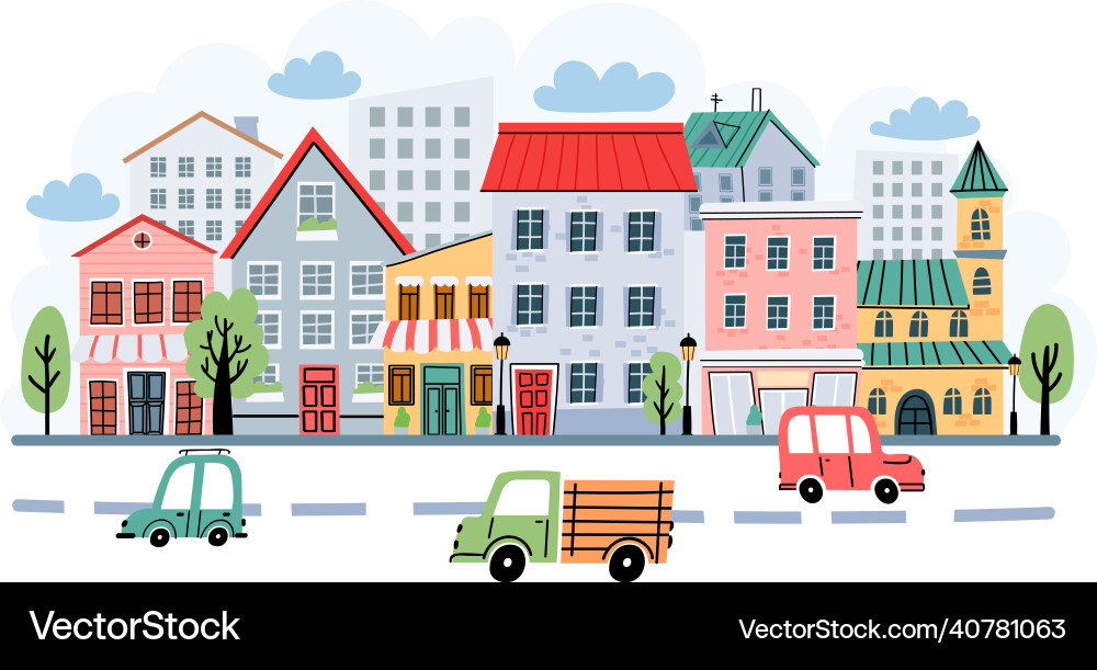 Kinderhafte Stadtstraßenlandschaft mit Häusern Kinderhafte Stadtstraßenlandschaft mit Häusern vektorbild