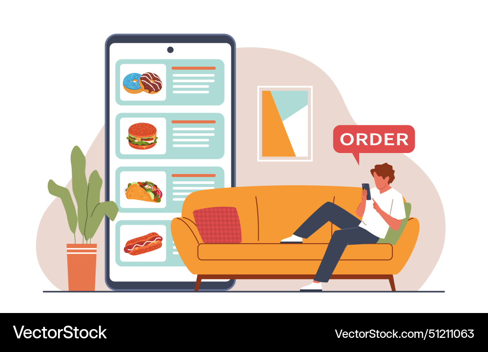 Man Relaxing with Food Ordering App vector image