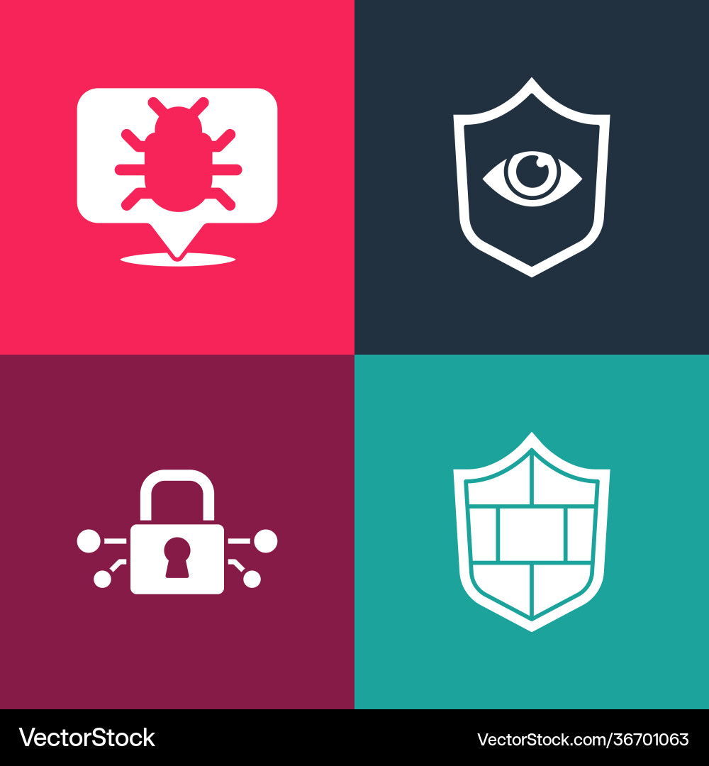 Set pop art shield with brick wall cyber security Set pop art shield with brick wall cyber security vector image