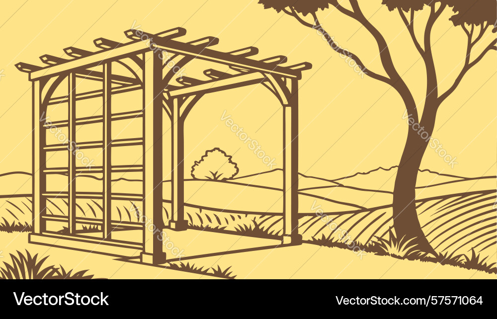 Rustic pergola in open field with tree design vector image