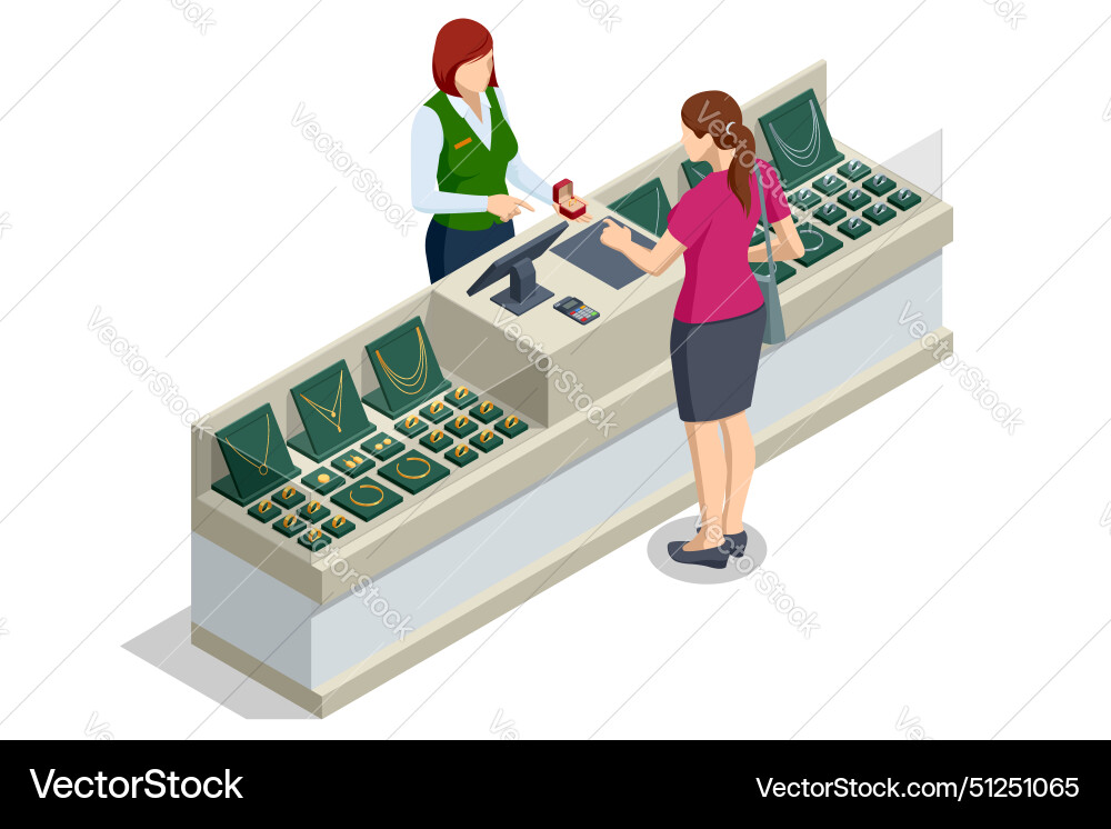 Isometric elegant jewelry woman buys a gold ring Isometric elegant jewelry woman buys a gold ring vector image