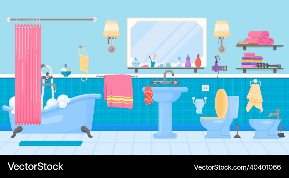 Cartoon bathroom interior hotel bathtub closet Cartoon bathroom interior hotel bathtub closet vector image
