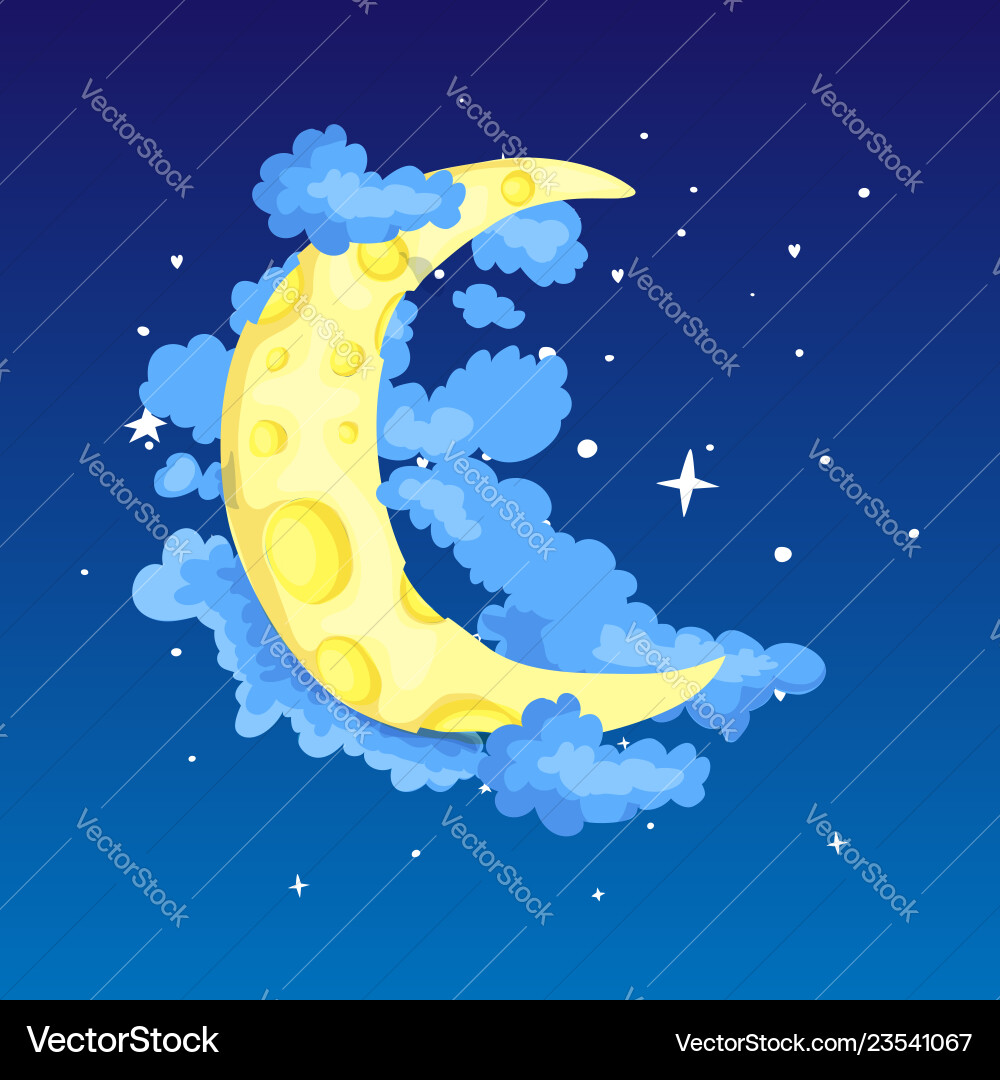 Fun cartoon yellow crescent moon among the stars Fun cartoon yellow crescent moon among the stars vector image