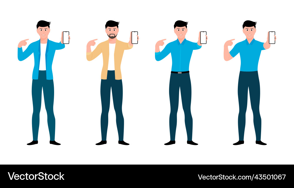 Man showing mobile screen flat character set Vector Image