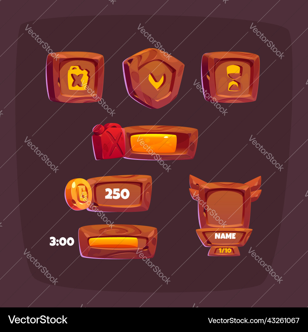 Wooden game buttons cartoon menu interface set Wooden game buttons cartoon menu interface set vector image
