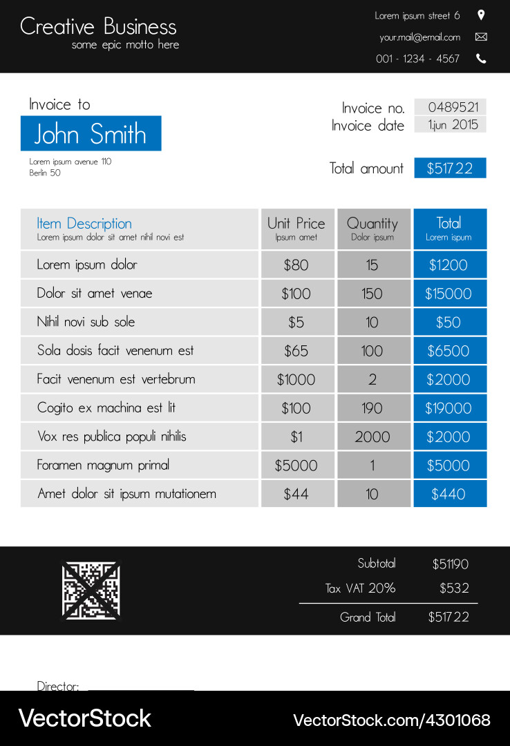 Clean Modern Invoice Template - Blue Vector Image