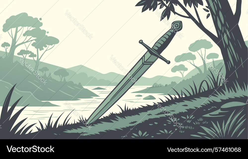 Dagger embedded in earth with distant serene Vector Image