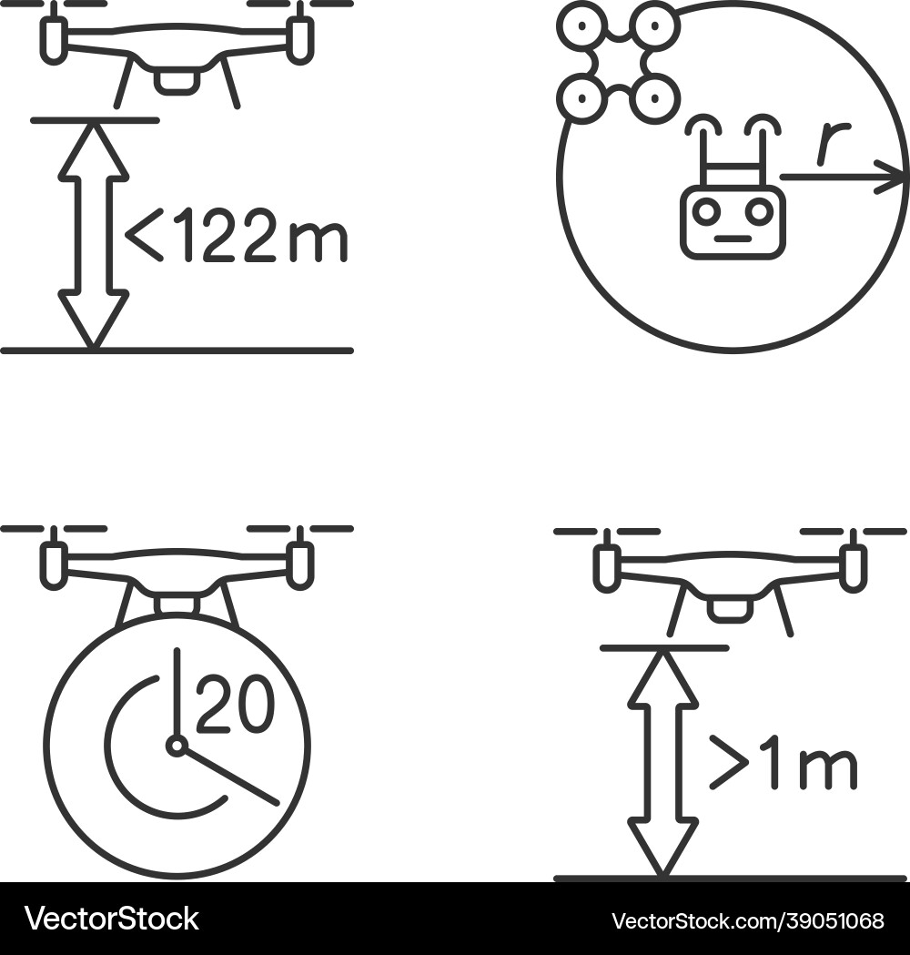 Drone proper control linear manual label icons set Drone proper control linear manual label icons set vector image