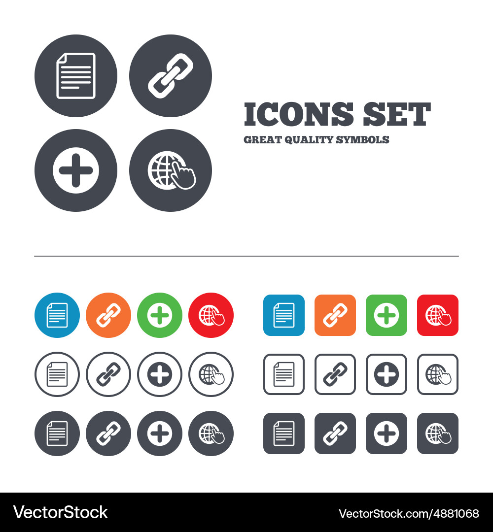 Plus circle and hyperlink signs file globe vector image