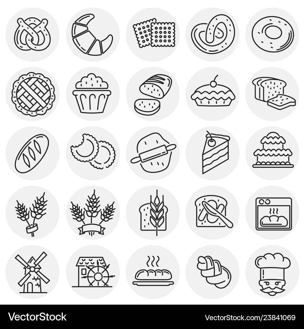 Bakery outline icons set on circles background Bakery outline icons set on circles background vector image