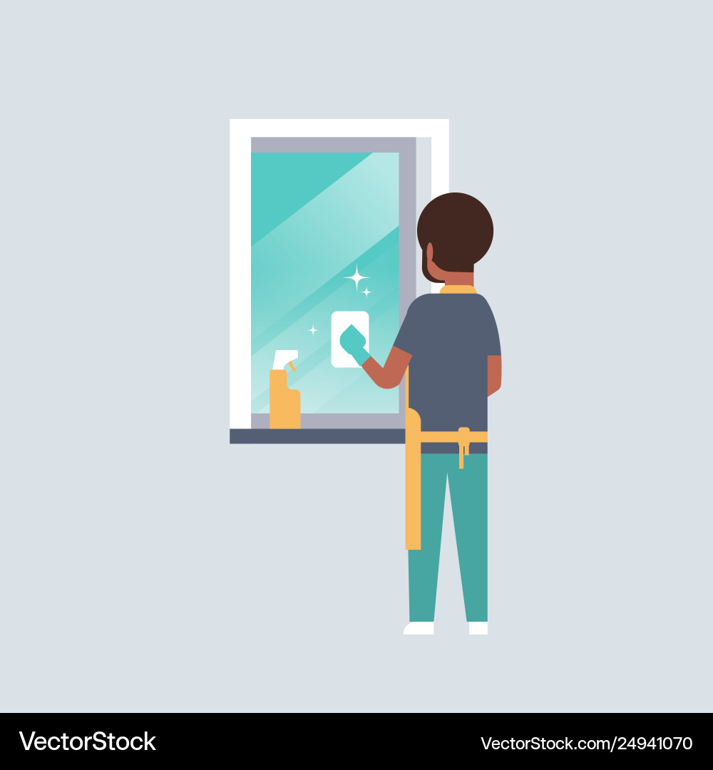 Man in gloves and apron cleaning window with rag Man in gloves and apron cleaning window with rag vector image