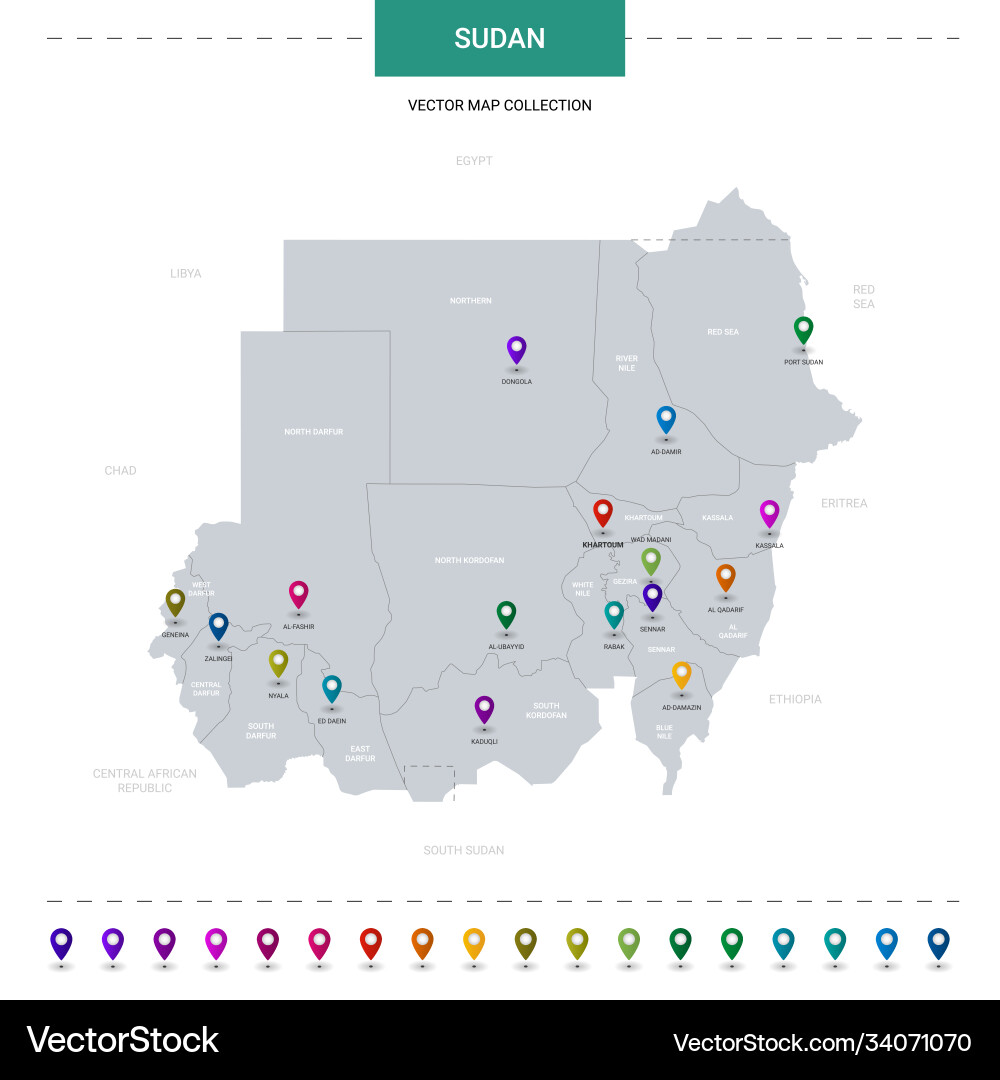 Sudan Karte mit Standort Zeigermarken Infografik Sudan Karte mit Standort Zeigermarken Infografik vektorbild