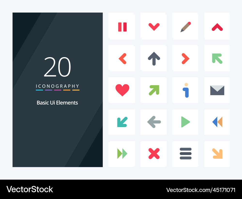 20 basic ui elements flat color icon vector image