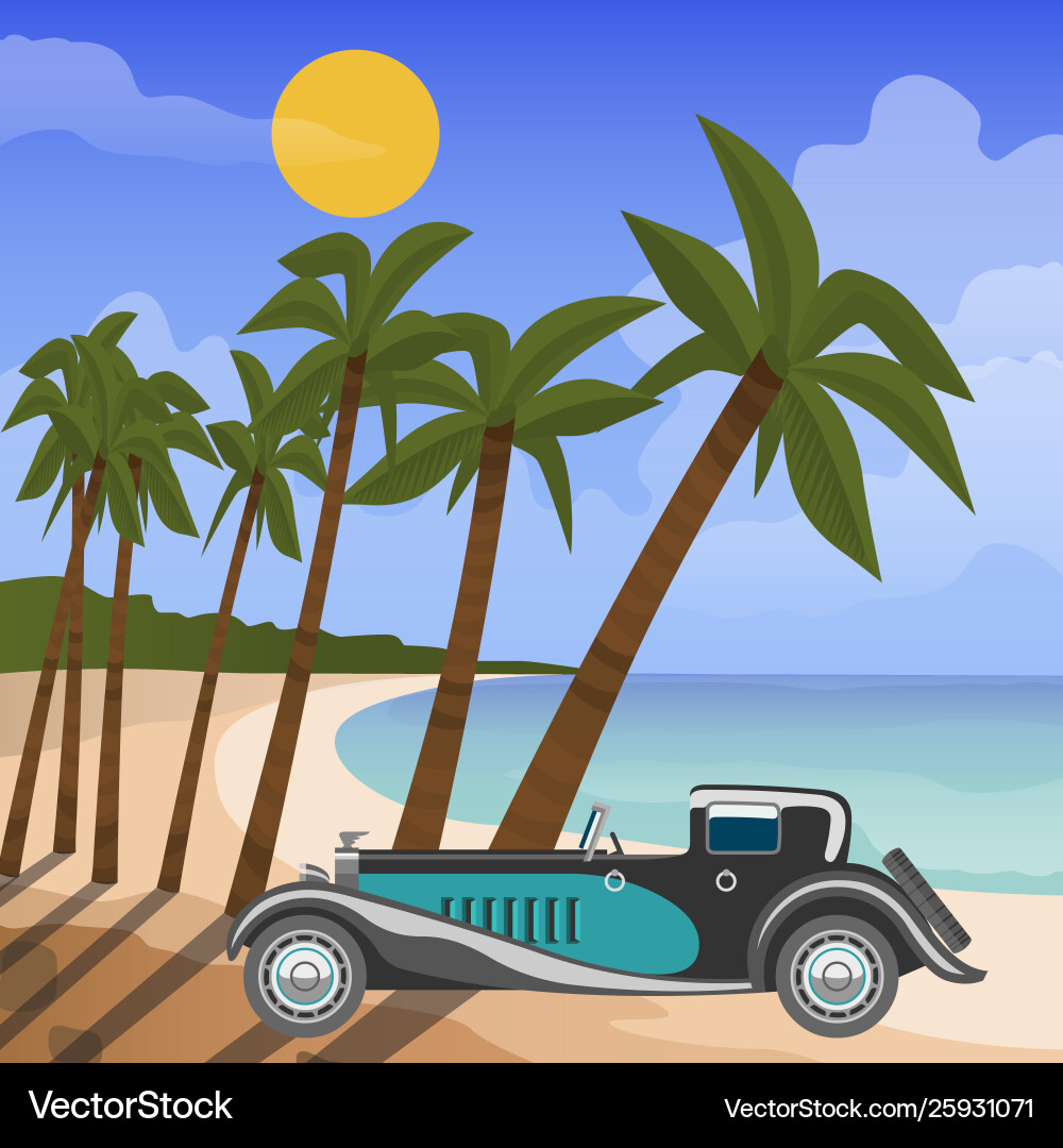 Retro car cabriolet on tropical beach with palm Retro car cabriolet on tropical beach with palm vector image