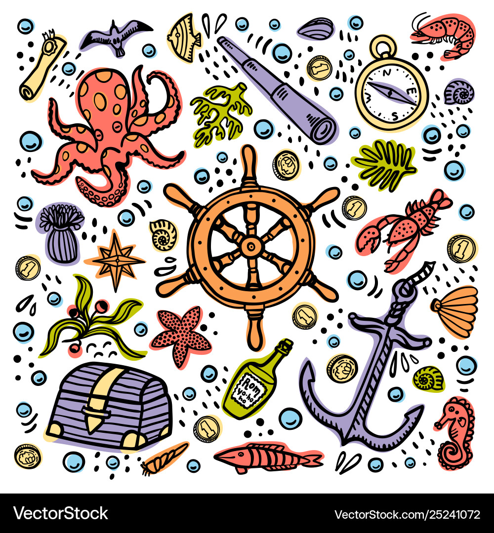 Sea adventures card marine hand drawn Sea adventures card marine hand drawn vector image
