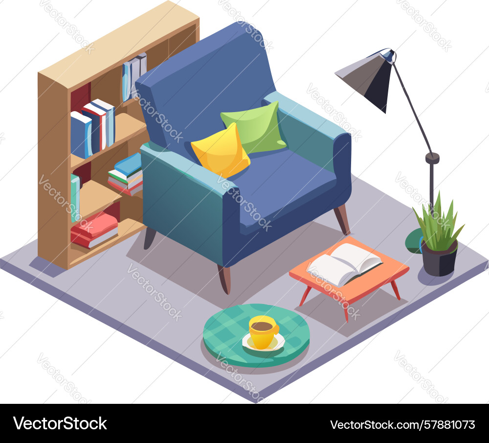 Comfortable sofa with bookshelf and lamp Vector Image