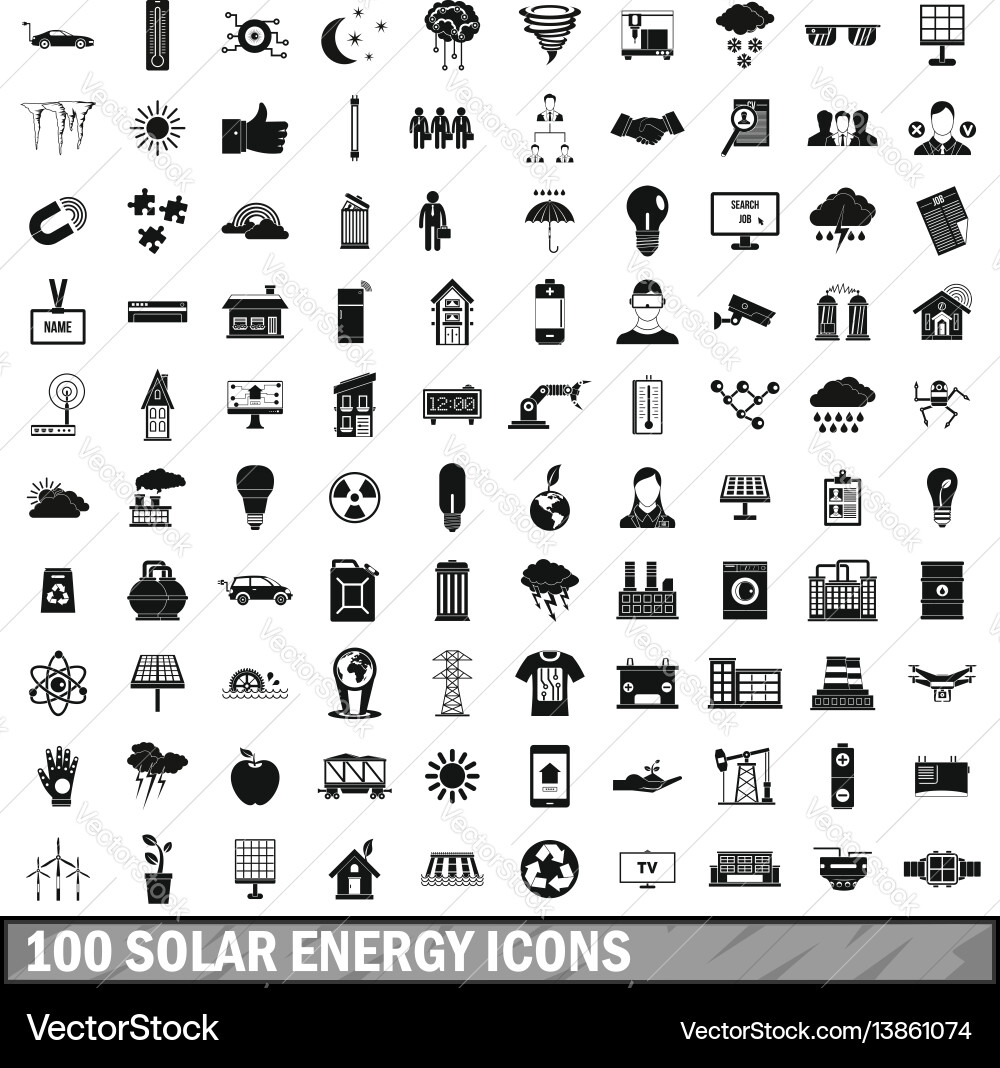 100 solar energy icons set simple style 100 solar energy icons set simple style vector image