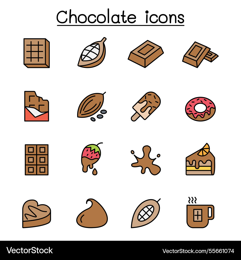 Cacao chocolate cocoa icon set in color line style vector image