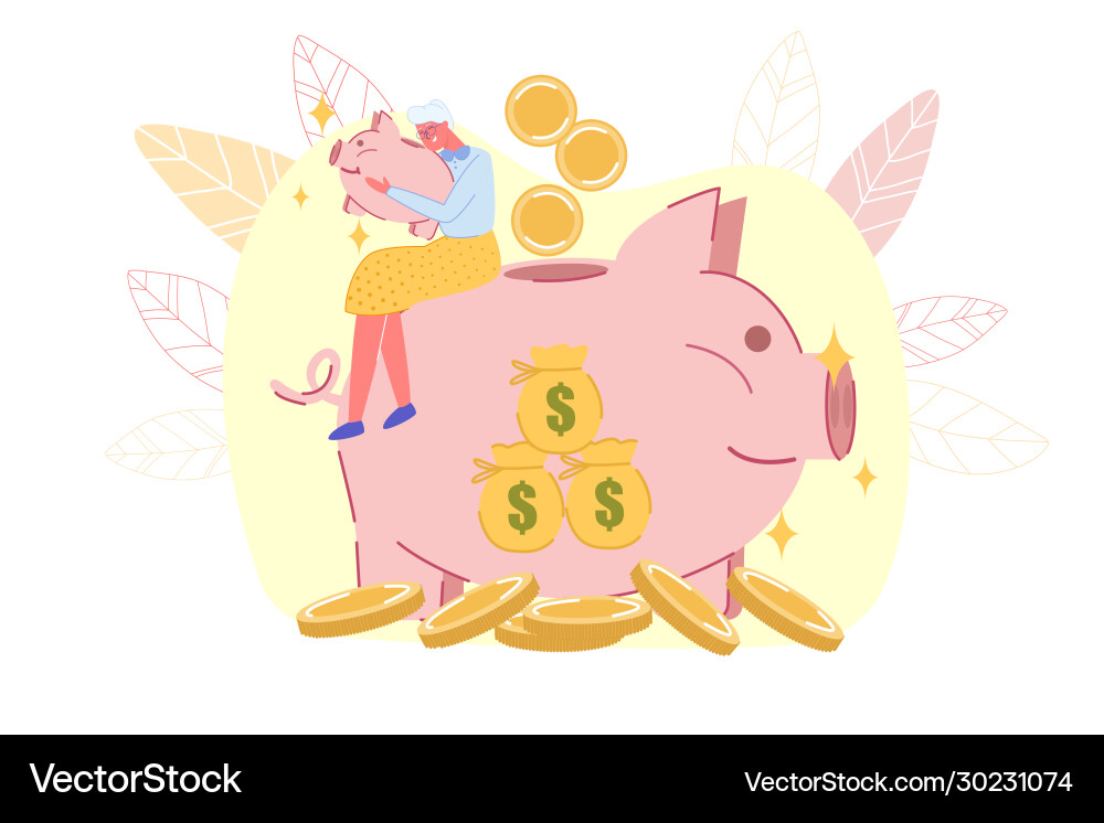 Ältere Frau Kissing Piggy Bank Vektorbild