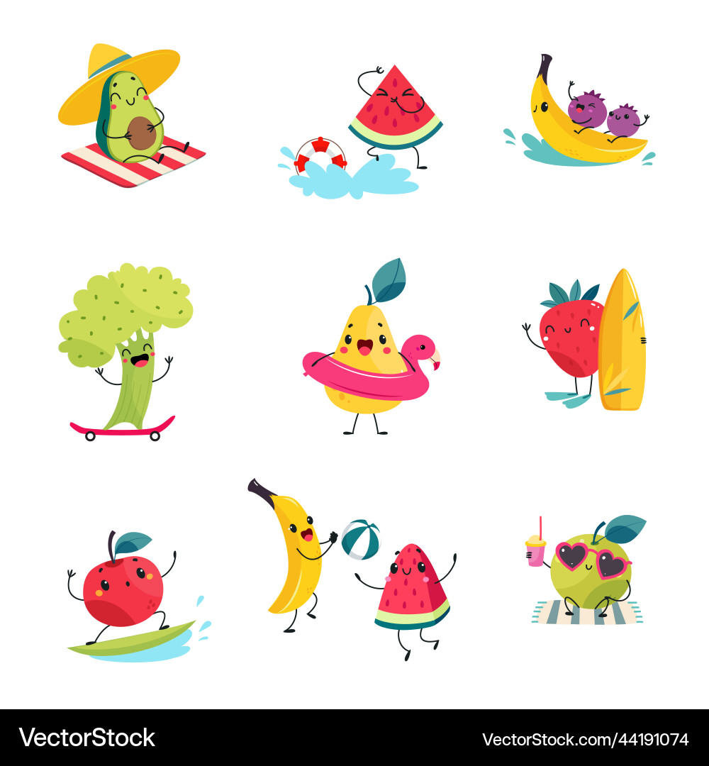 Summer fruit characters enjoying beach vacation Summer fruit characters enjoying beach vacation vector image