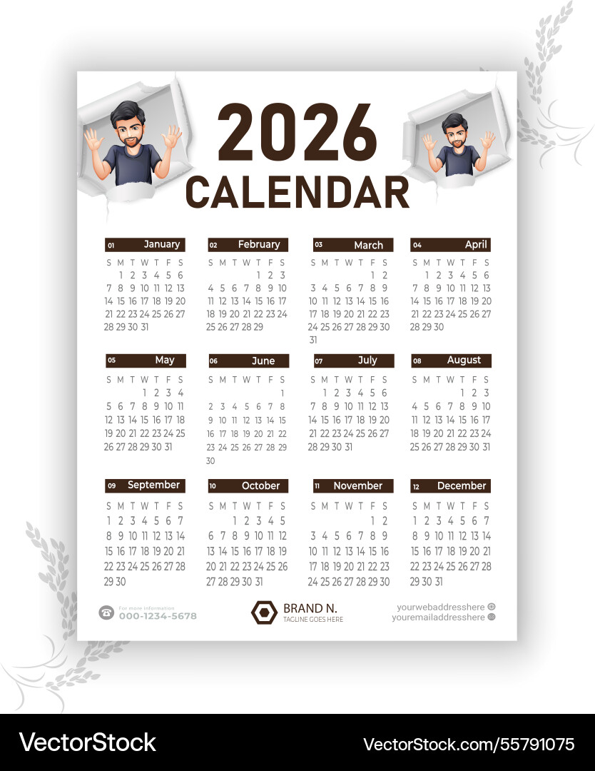 2026 calendar template Royalty Free Vector Image