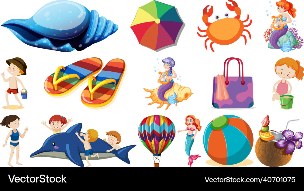 Set of summer beach objects and cartoon characters Set of summer beach objects and cartoon characters vector image