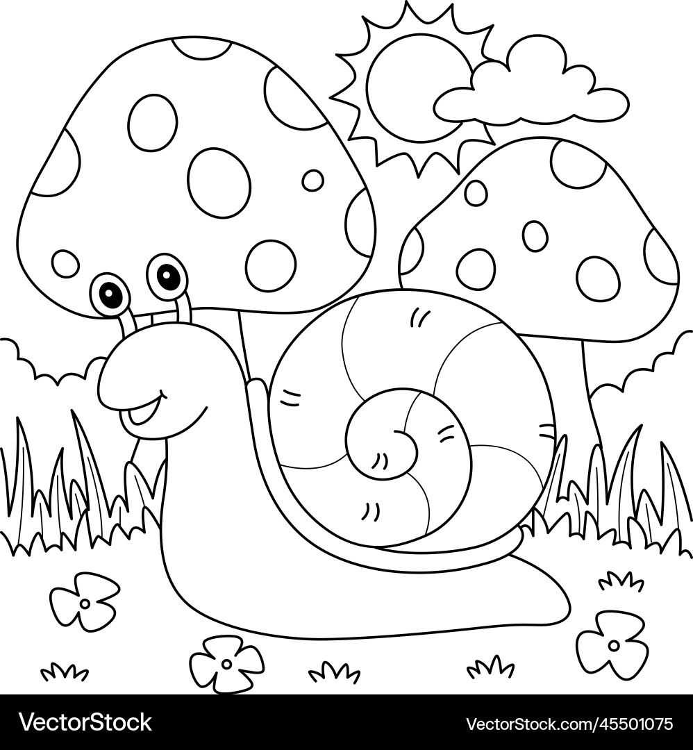Spring snail with mushroom coloring page for kids Vector Image