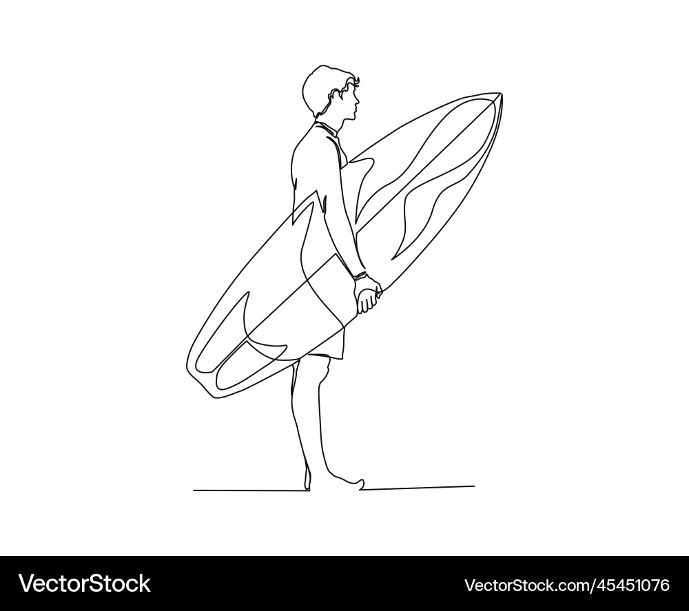 Continuous line of surfer holding surfoard Continuous line of surfer holding surfoard vector image