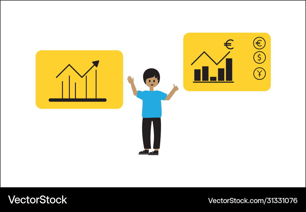 Guy points to a computer display with various Guy points to a computer display with various vector image