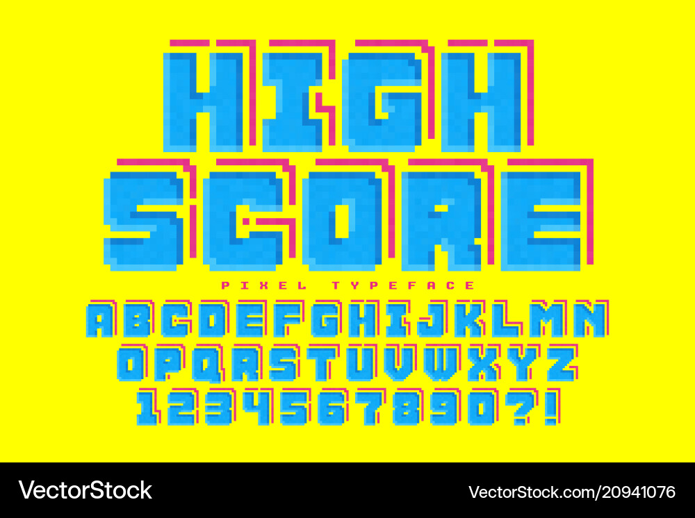 Pixel font design stylized like in 8-bit vector image