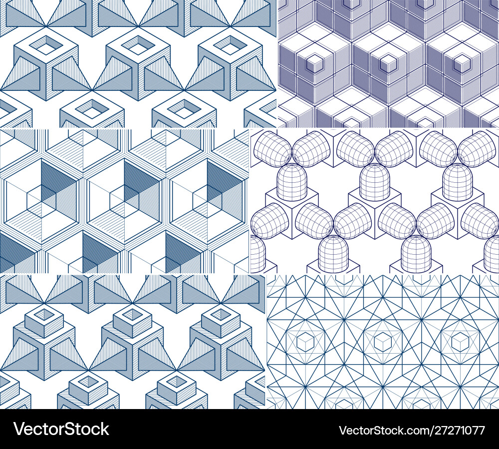 Geometric 3d lines abstract seamless patterns set Geometric 3d lines abstract seamless patterns set vector image