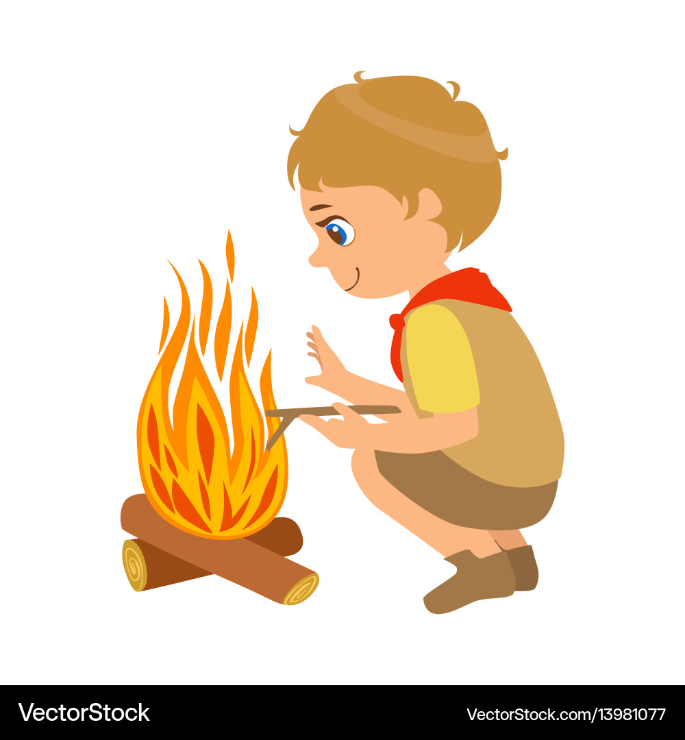 Junge scout hocken in der Nähe der feuer ein bunt Junge scout hocken in der Nähe der feuer ein bunt vektorbild