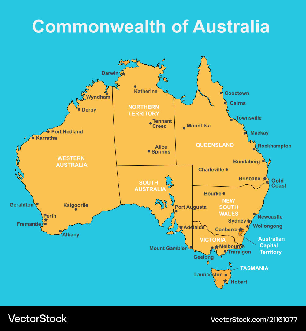 Map of australia with major towns and cities Map of australia with major towns and cities vector image