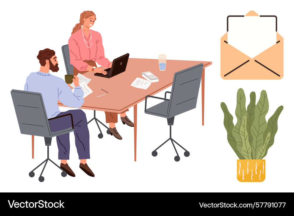 Office workspace with team discussion open Vector Image