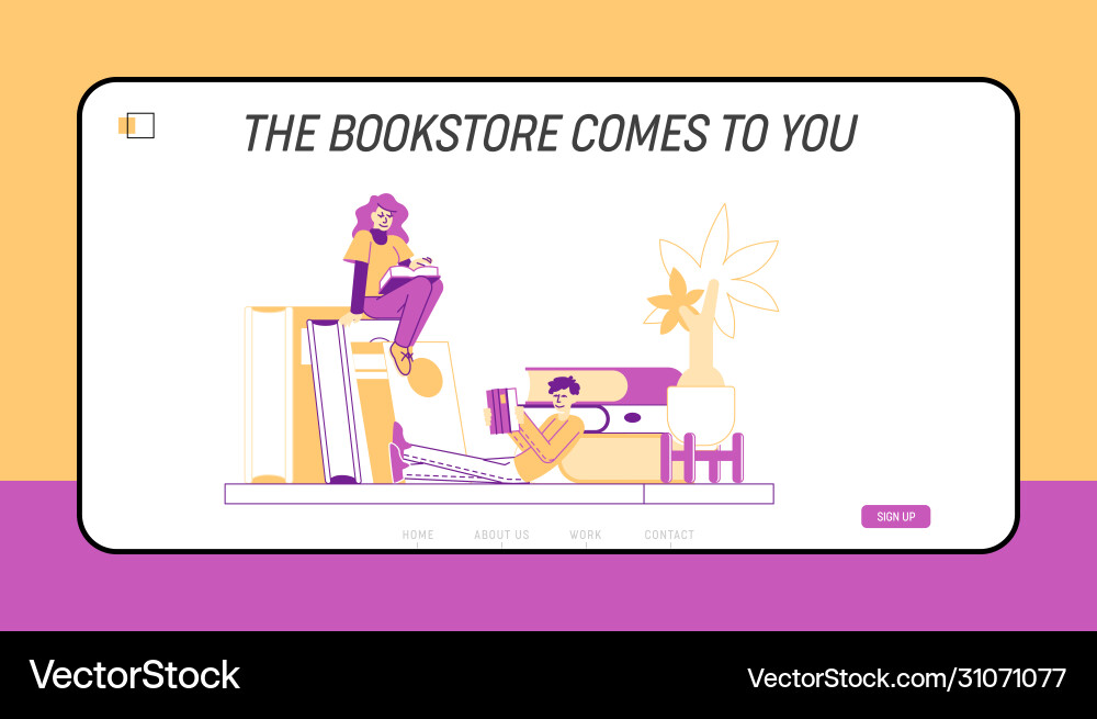 Tiny student characters at huge bookshelf landing vector image