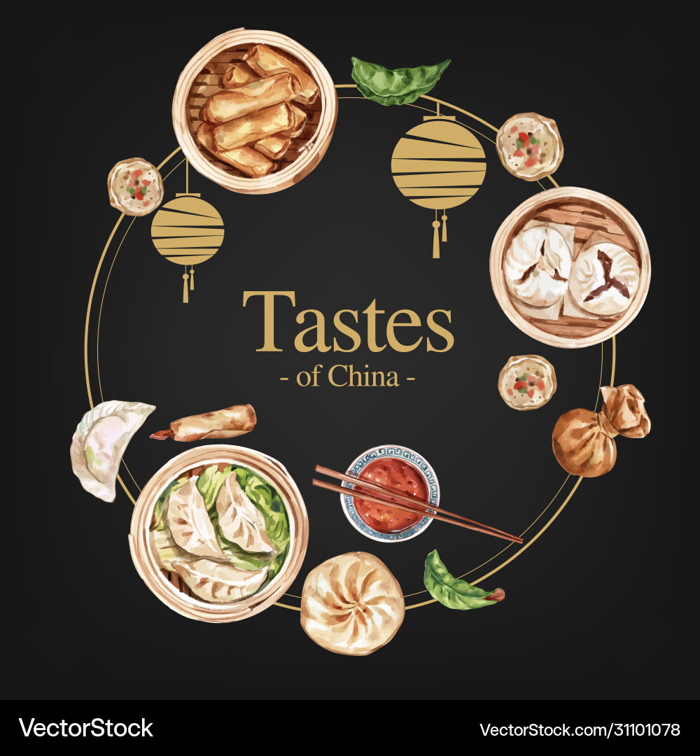Dim sum wreath design with spring roll watercolor Vector Image