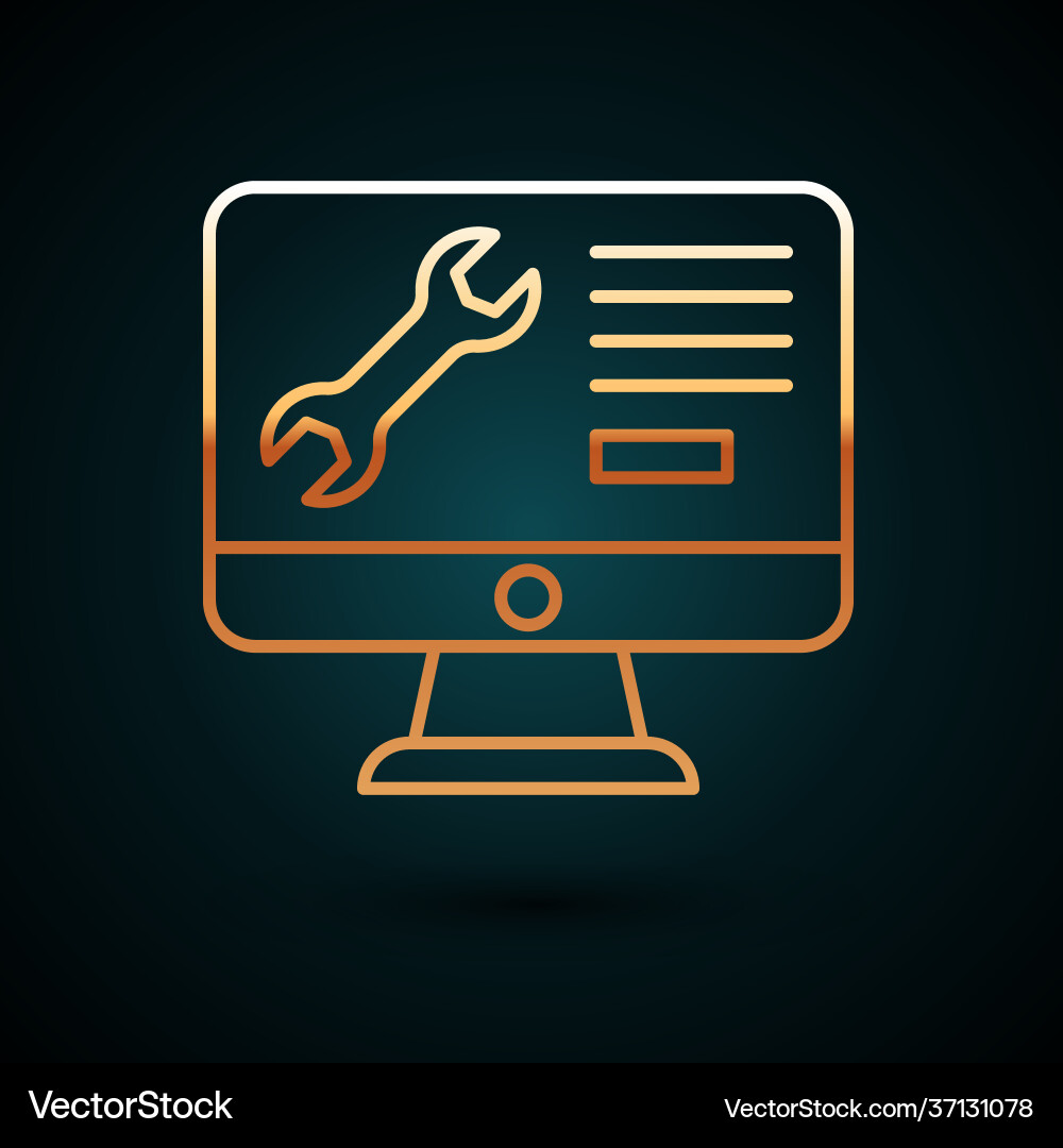 Gold line computer monitor with wrench icon Gold line computer monitor with wrench icon vector image