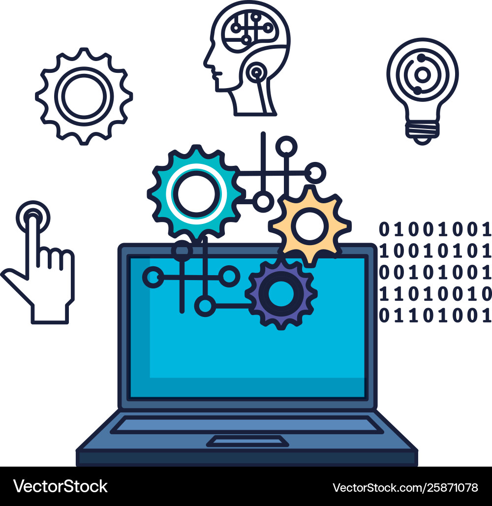 Laptop computer with tech icons Laptop computer with tech icons vector image