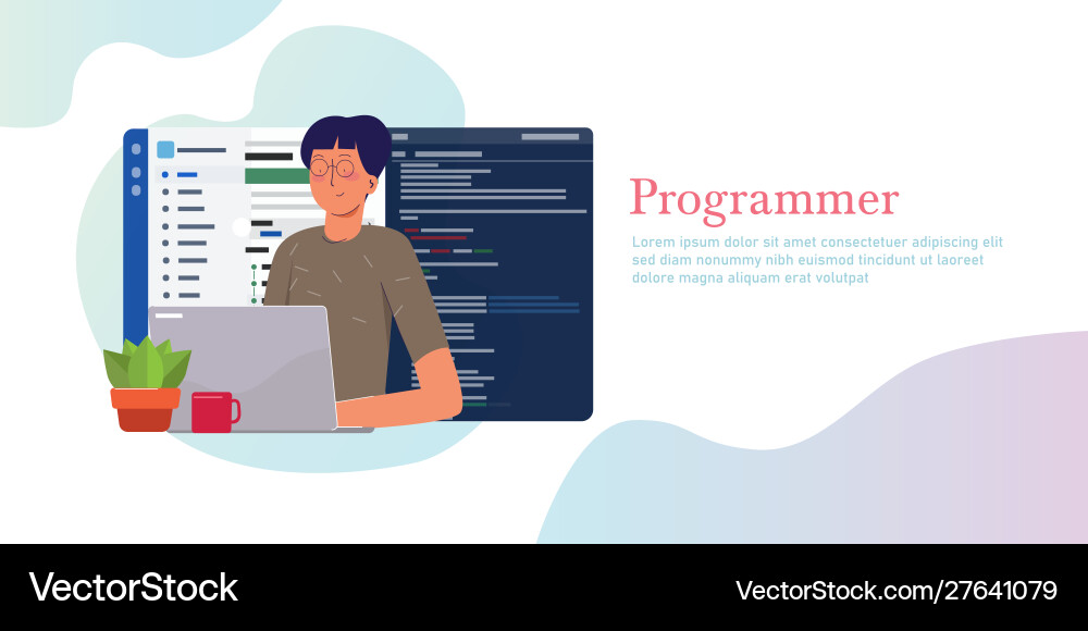 Programmer working writing code on laptop Programmer working writing code on laptop vector image