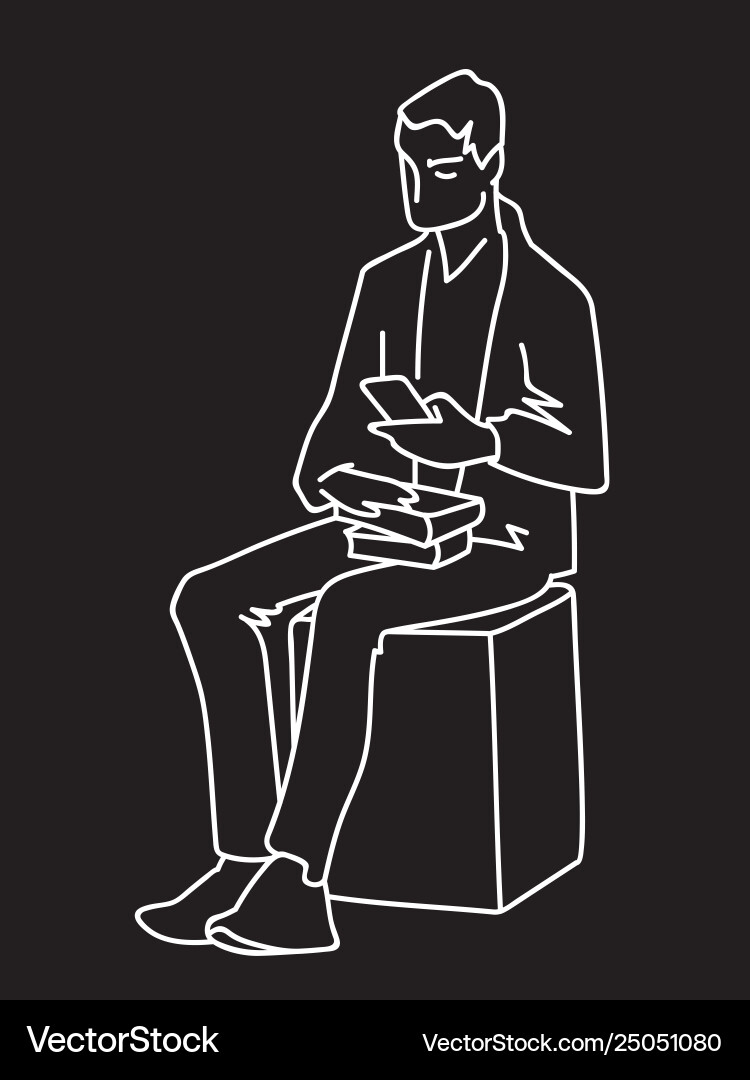 Man sitting on cube with some books looking Man sitting on cube with some books looking vector image