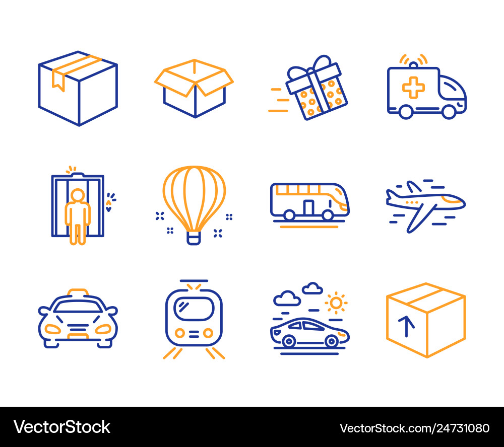 Opened box air balloon and train icons set Opened box air balloon and train icons set vector image