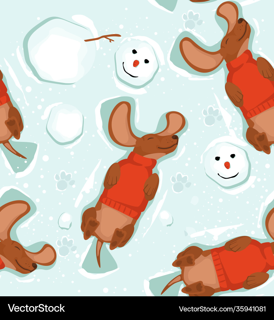 Pattern happy dachshund dog and snowman lies Pattern happy dachshund dog and snowman lies vector image